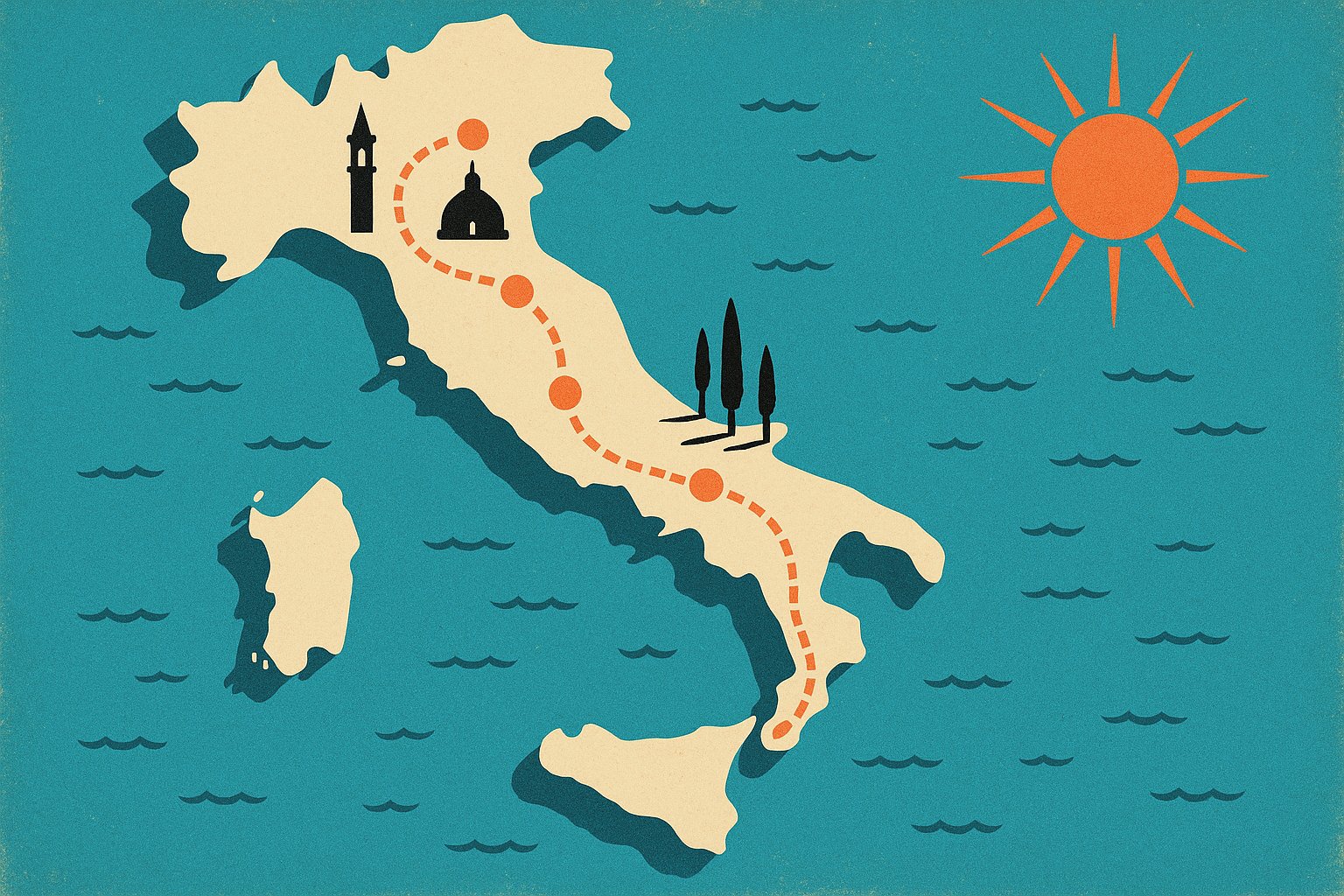 Illustration vintage d'une carte de l'Italie avec un itinéraire en pointillés reliant les étapes d'un circuit en autocar