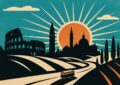 Illustration vintage d'un autocar de tourisme sur une route italienne devant le Colisée et des collines toscanes