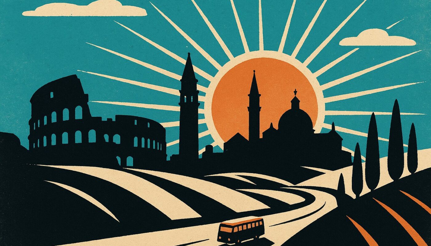 Illustration vintage d'un autocar de tourisme sur une route italienne devant le Colisée et des collines toscanes