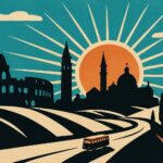 Illustration vintage d'un autocar de tourisme sur une route italienne devant le Colisée et des collines toscanes