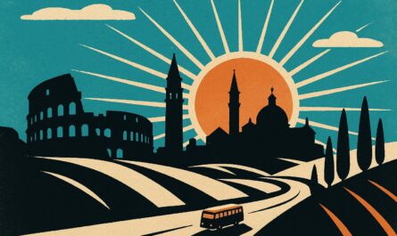 Illustration vintage d'un autocar de tourisme sur une route italienne devant le Colisée et des collines toscanes