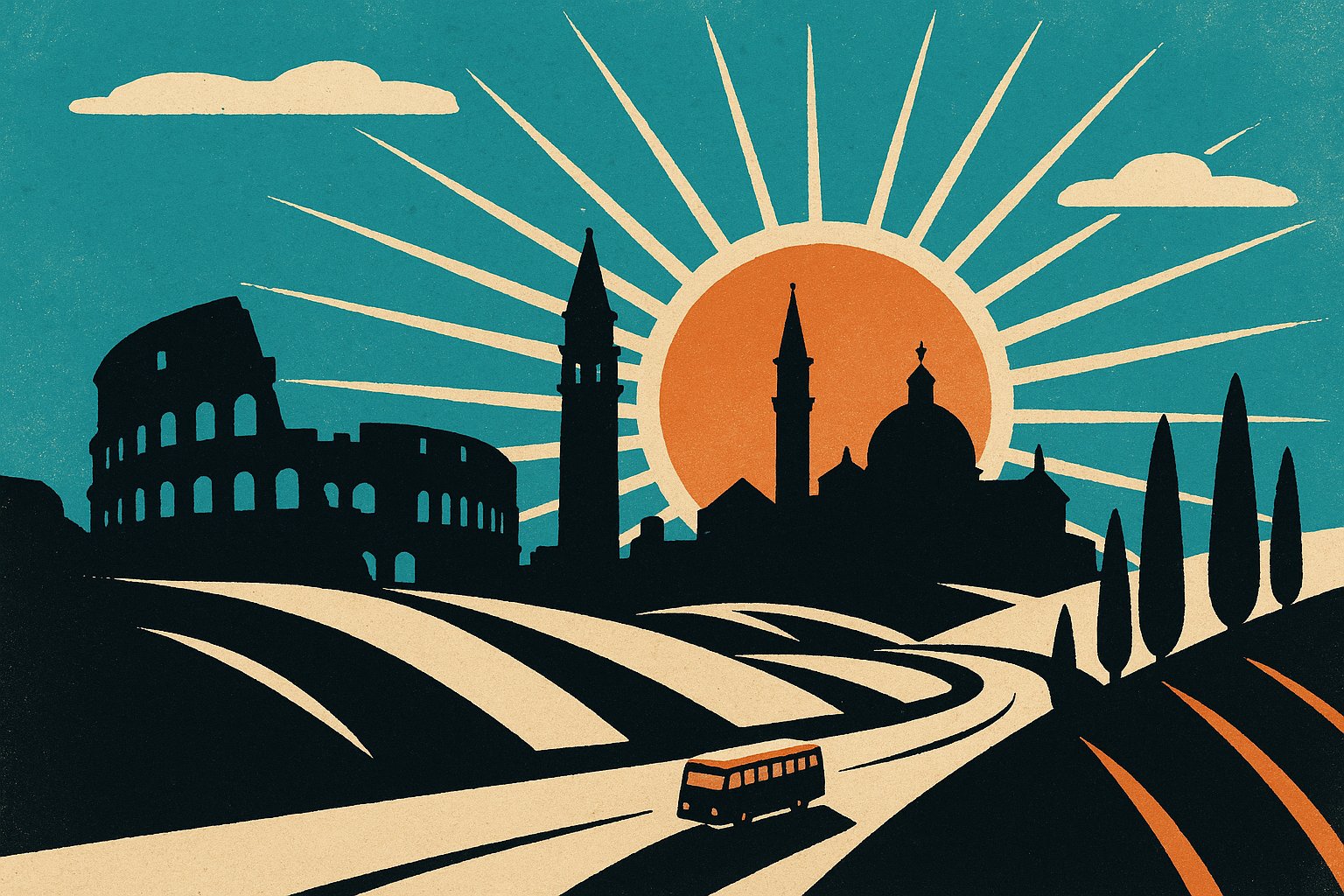 Illustration vintage d'un autocar de tourisme sur une route italienne devant le Colisée et des collines toscanes