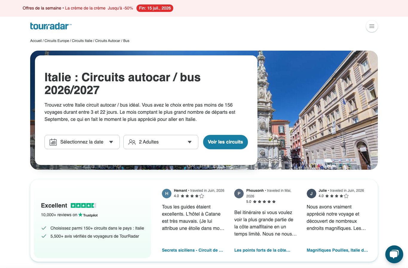 Capture d'écran de la page des circuits en autocar en Italie du comparateur TourRadar