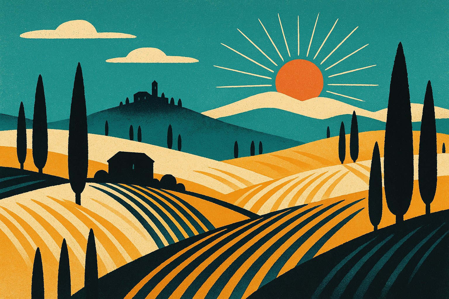 Illustration vintage de collines toscanes avec cyprès, vignes et un village perché au soleil