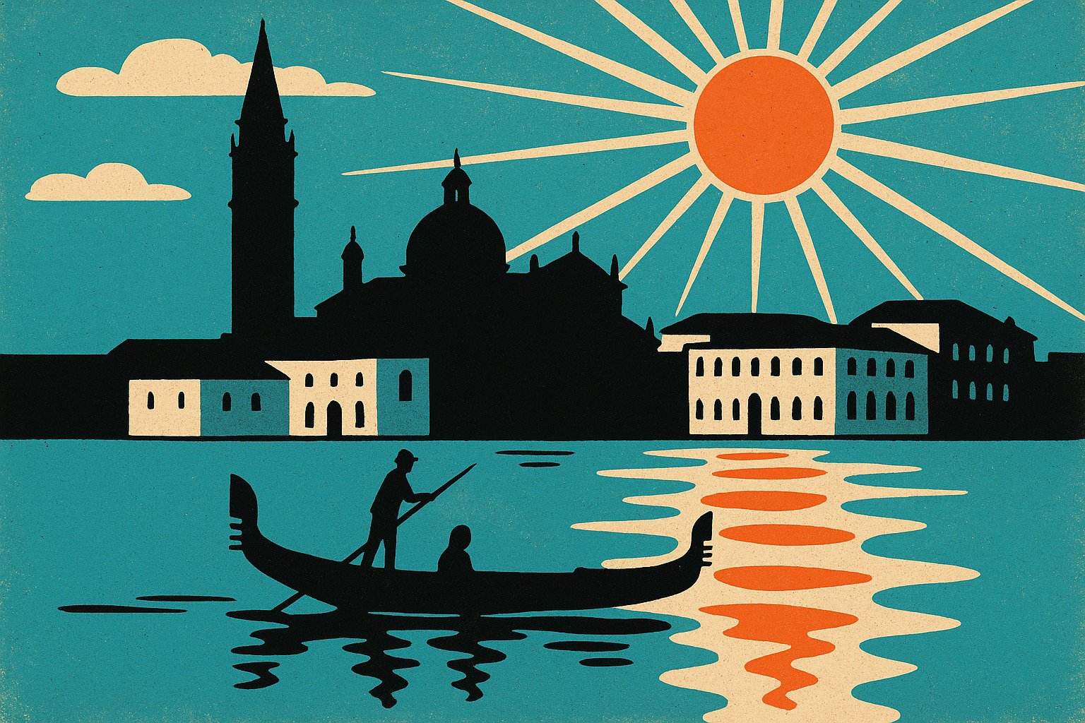 Illustration vintage d'une gondole sur la lagune de Venise avec le campanile de Saint-Marc au soleil couchant