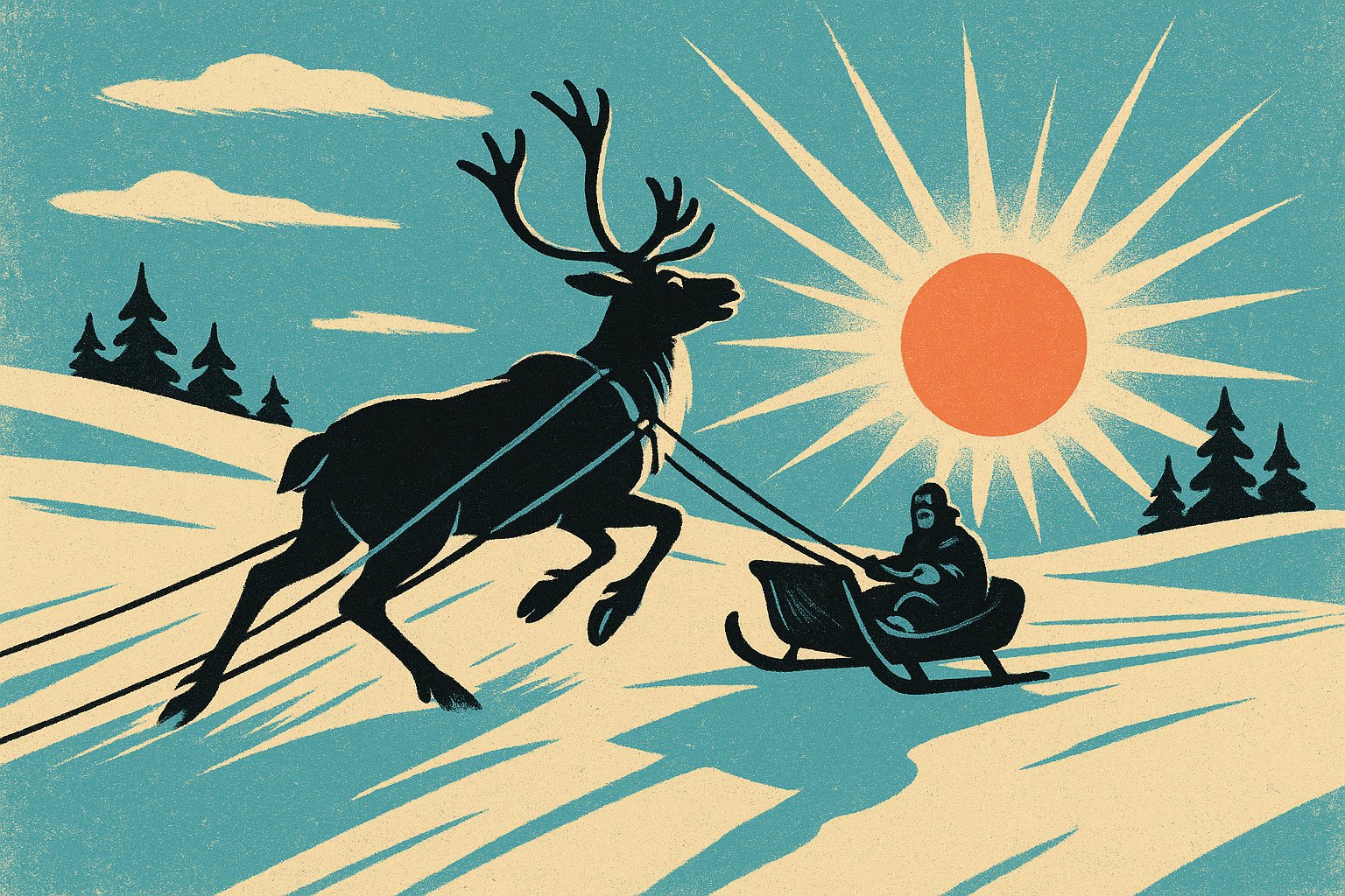 Illustration affiche vintage d'un traineau a rennes filant sur la neige en Laponie