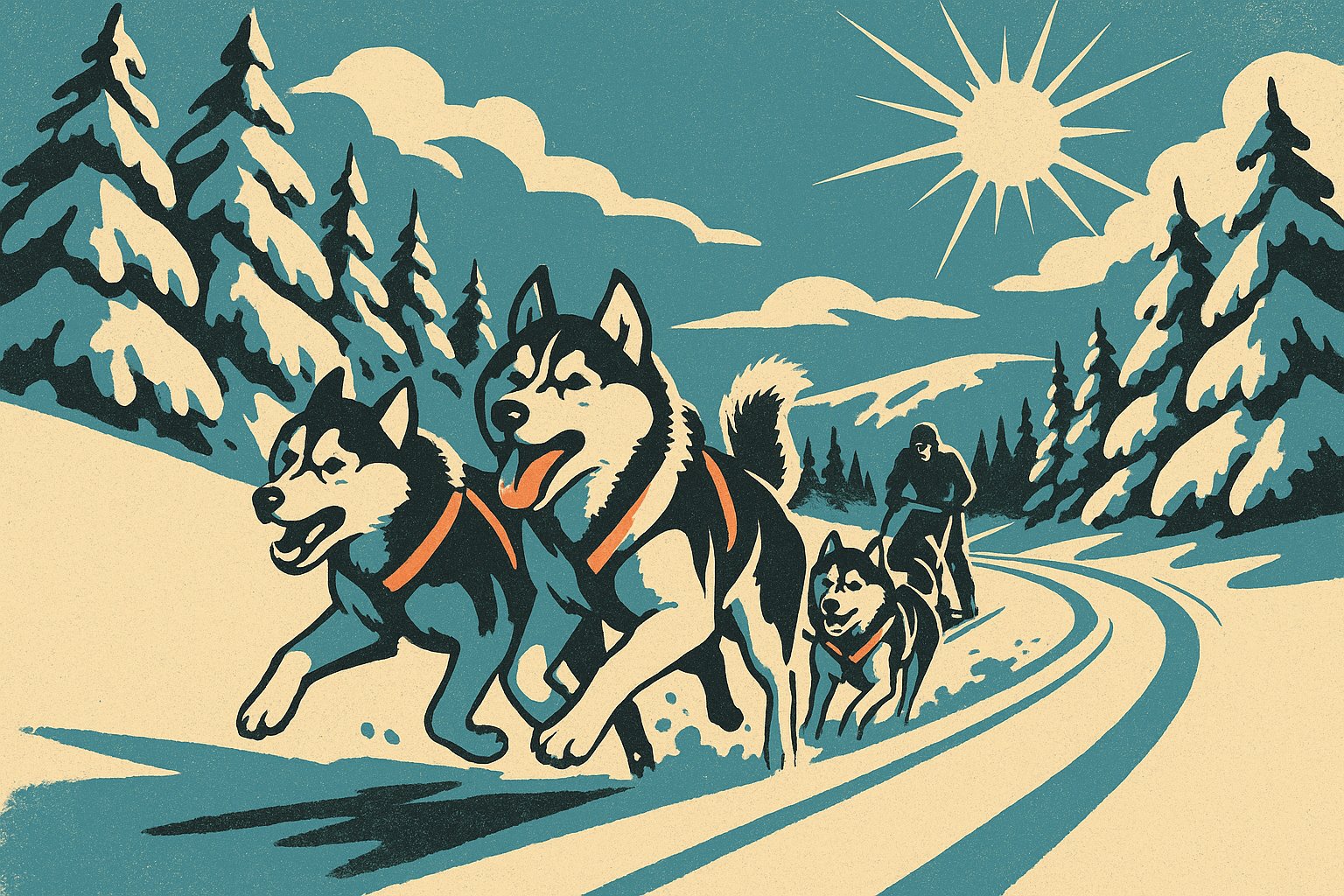 Illustration affiche vintage d'un attelage de chiens de traineau husky dans une foret enneigee