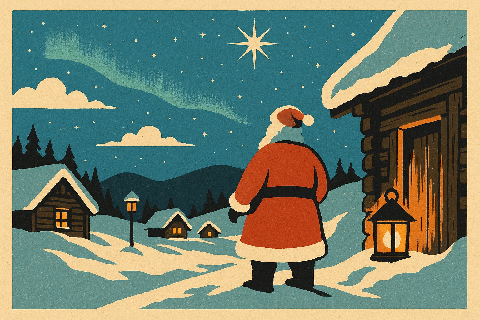 Illustration affiche vintage d'un village enneige de Laponie au crepuscule avec une silhouette de Pere Noel