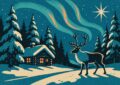 Chalet enneige et renne sous les aurores boreales en Laponie, illustration affiche vintage