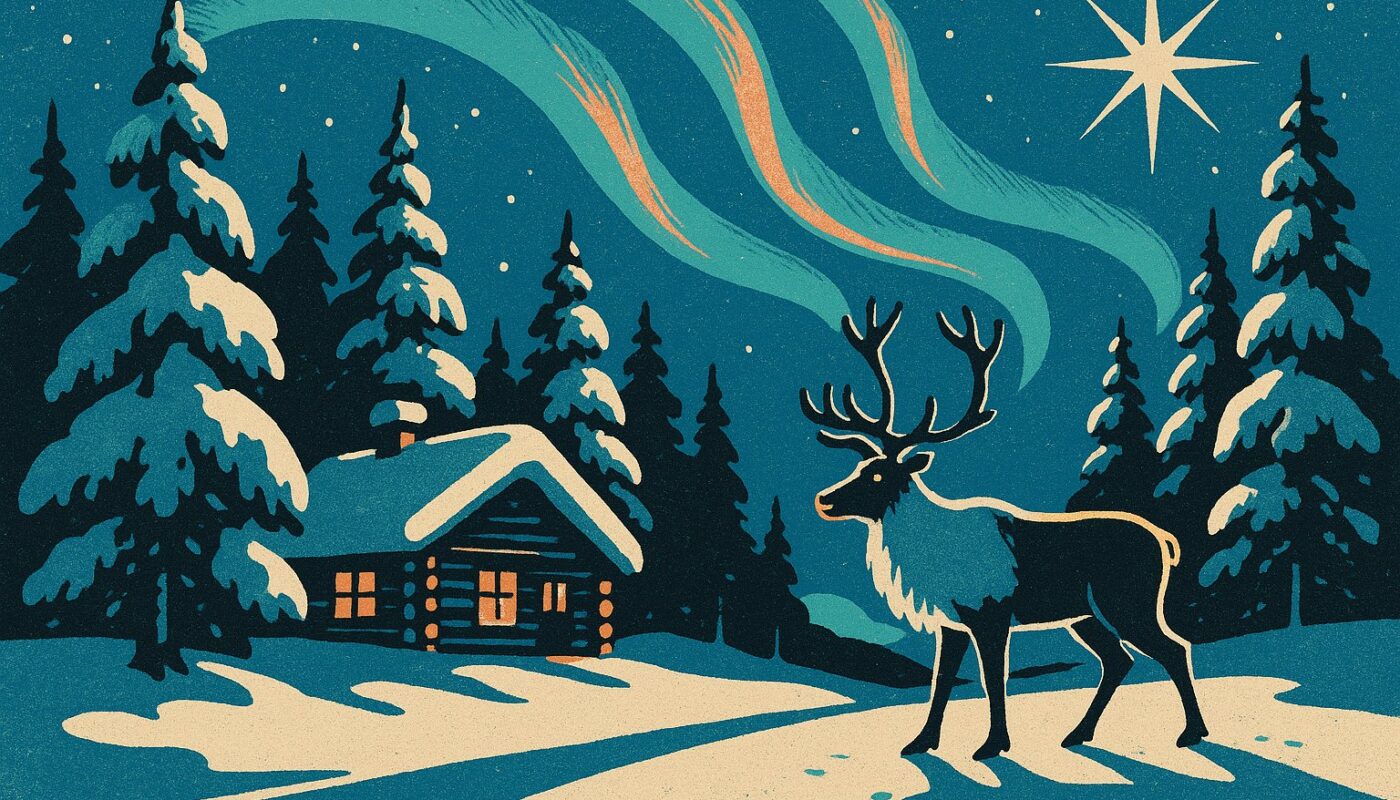 Chalet enneige et renne sous les aurores boreales en Laponie, illustration affiche vintage