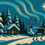 Chalet enneige et renne sous les aurores boreales en Laponie, illustration affiche vintage