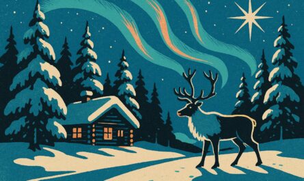 Chalet enneige et renne sous les aurores boreales en Laponie, illustration affiche vintage