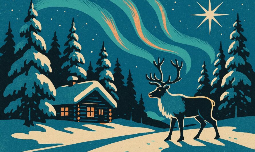 Chalet enneige et renne sous les aurores boreales en Laponie, illustration affiche vintage