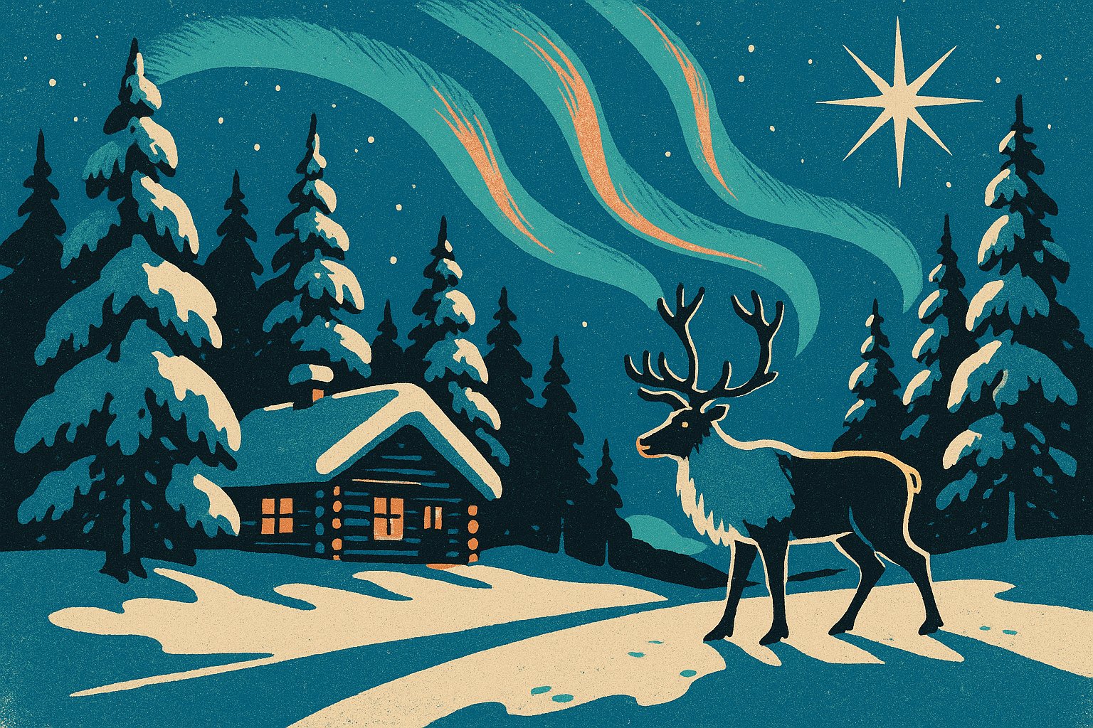 Chalet enneige et renne sous les aurores boreales en Laponie, illustration affiche vintage
