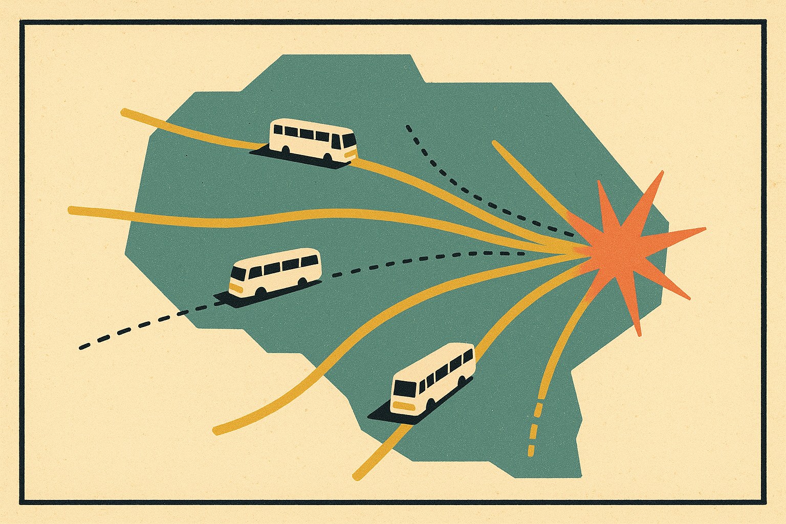 Carte stylisée de la France où les routes des autocaristes régionaux convergent vers un point à l'est