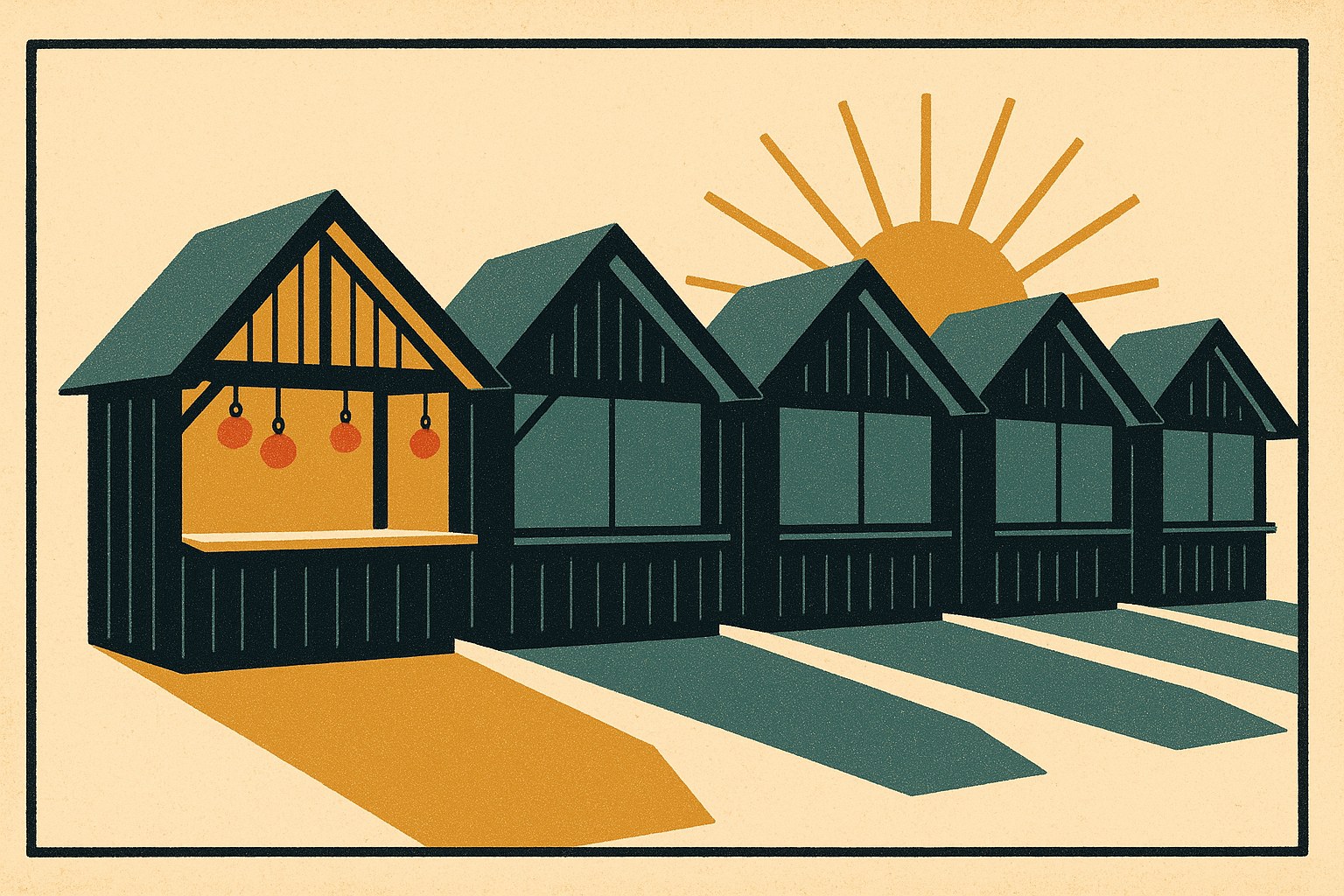 Rangée de chalets de marché de Noël dont un seul est ouvert et illuminé, les autres restent fermés
