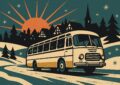 Autocar de tourisme sur une route enneigee devant un village alsacien, illustration facon affiche vintage