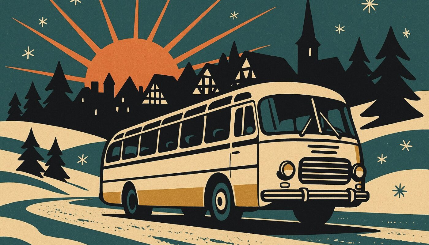 Autocar de tourisme sur une route enneigee devant un village alsacien, illustration facon affiche vintage