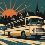Autocar de tourisme sur une route enneigee devant un village alsacien, illustration facon affiche vintage