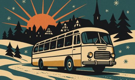 Autocar de tourisme sur une route enneigee devant un village alsacien, illustration facon affiche vintage