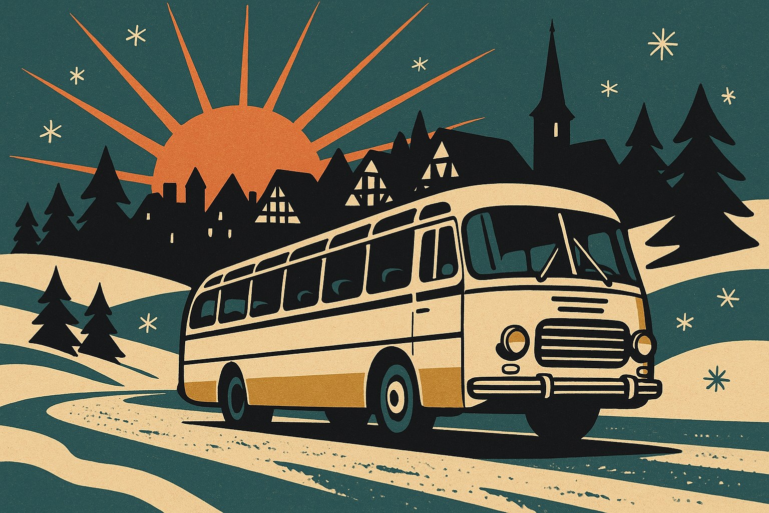 Autocar de tourisme sur une route enneigee devant un village alsacien, illustration facon affiche vintage