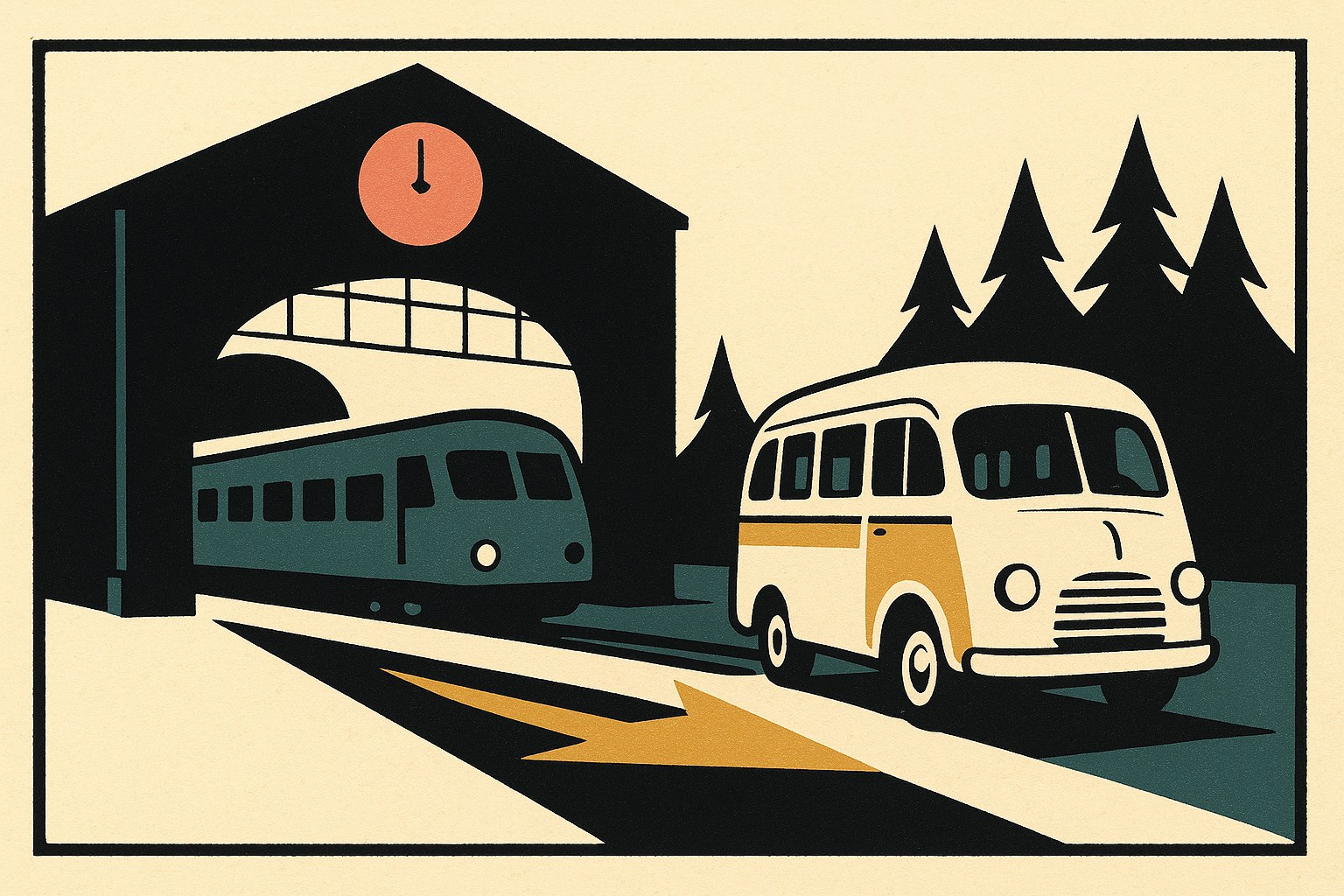 Train régional en gare et navette de Noël qui attend sur le parvis, illustration vintage