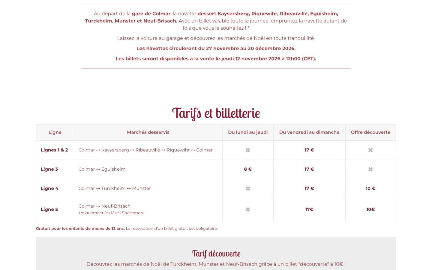 Grille tarifaire officielle des Navettes de Noël du Pays de Colmar pour l'édition 2026