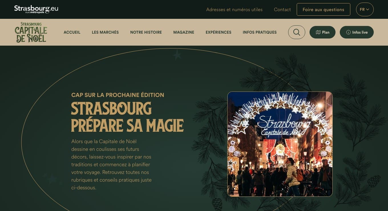 Page d'accueil du site officiel du marché de Noël de Strasbourg, sans dates annoncées pour 2026