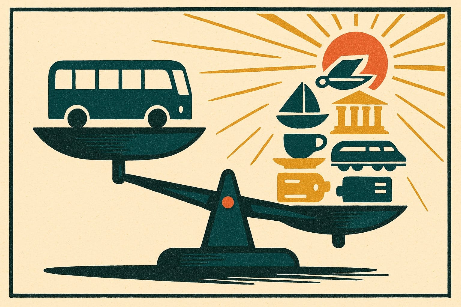 Illustration vintage d une balance comparant un autocar a une pile de prestations achetees separement
