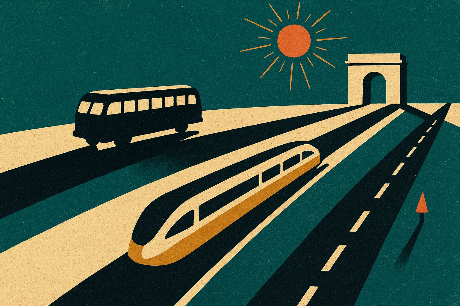Illustration vintage de trois voies paralleles, autocar, train et voie sans vehicule, vers un arc parisien