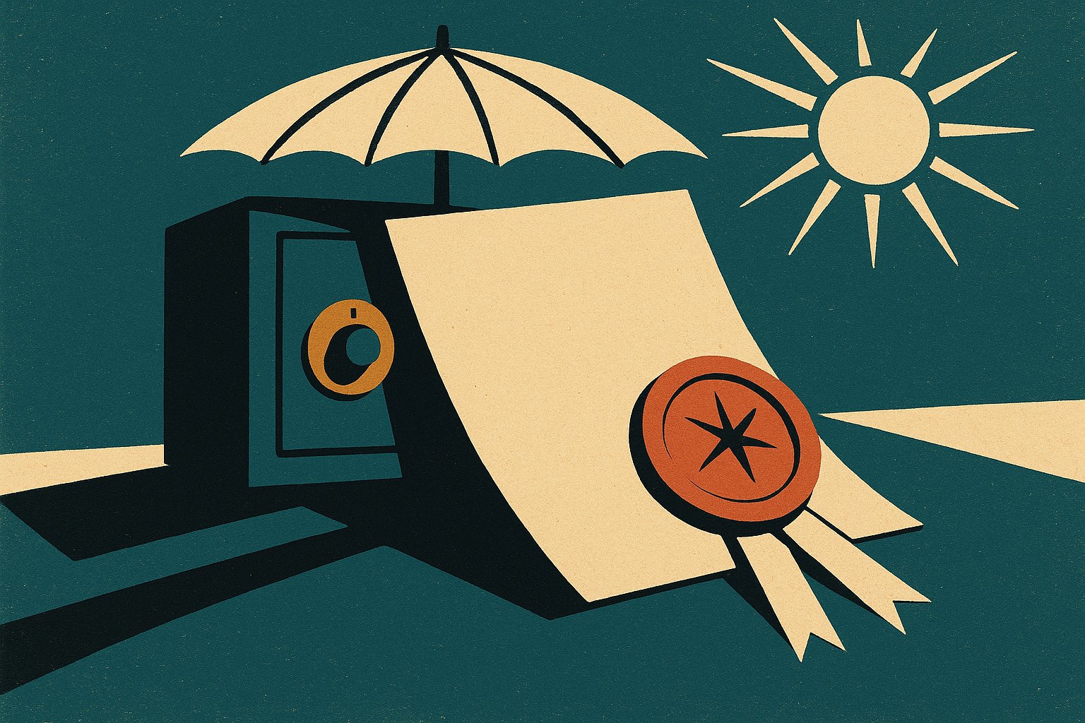 Illustration vintage d un contrat de voyage scelle, avec coffre-fort et parapluie protecteur