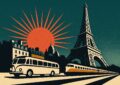Illustration affiche vintage : autocar et train convergeant vers la tour Eiffel sous un soleil corail