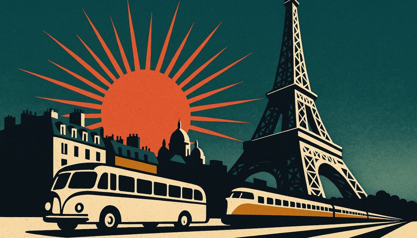 Illustration affiche vintage : autocar et train convergeant vers la tour Eiffel sous un soleil corail
