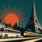 Illustration affiche vintage : autocar et train convergeant vers la tour Eiffel sous un soleil corail
