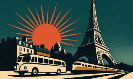 Illustration affiche vintage : autocar et train convergeant vers la tour Eiffel sous un soleil corail