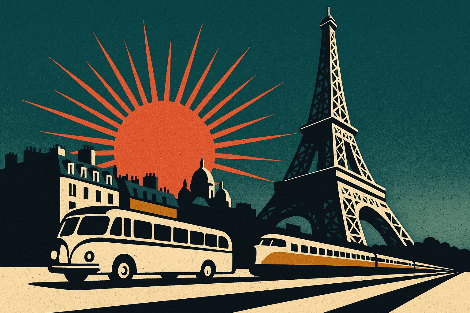 Illustration affiche vintage : autocar et train convergeant vers la tour Eiffel sous un soleil corail