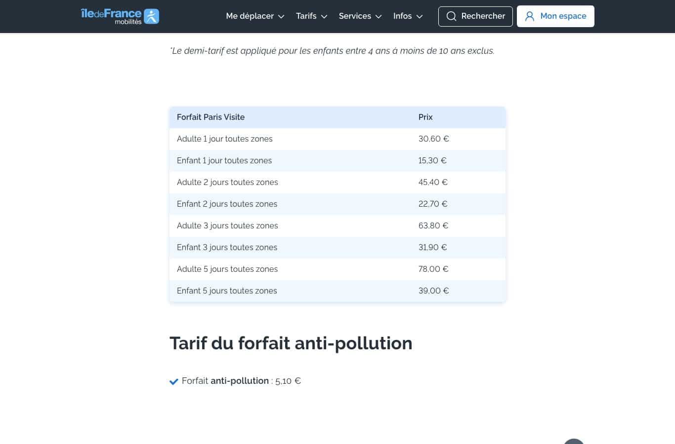 Capture d ecran du tableau officiel des tarifs du forfait Paris Visite 2026 sur le site Ile-de-France Mobilites