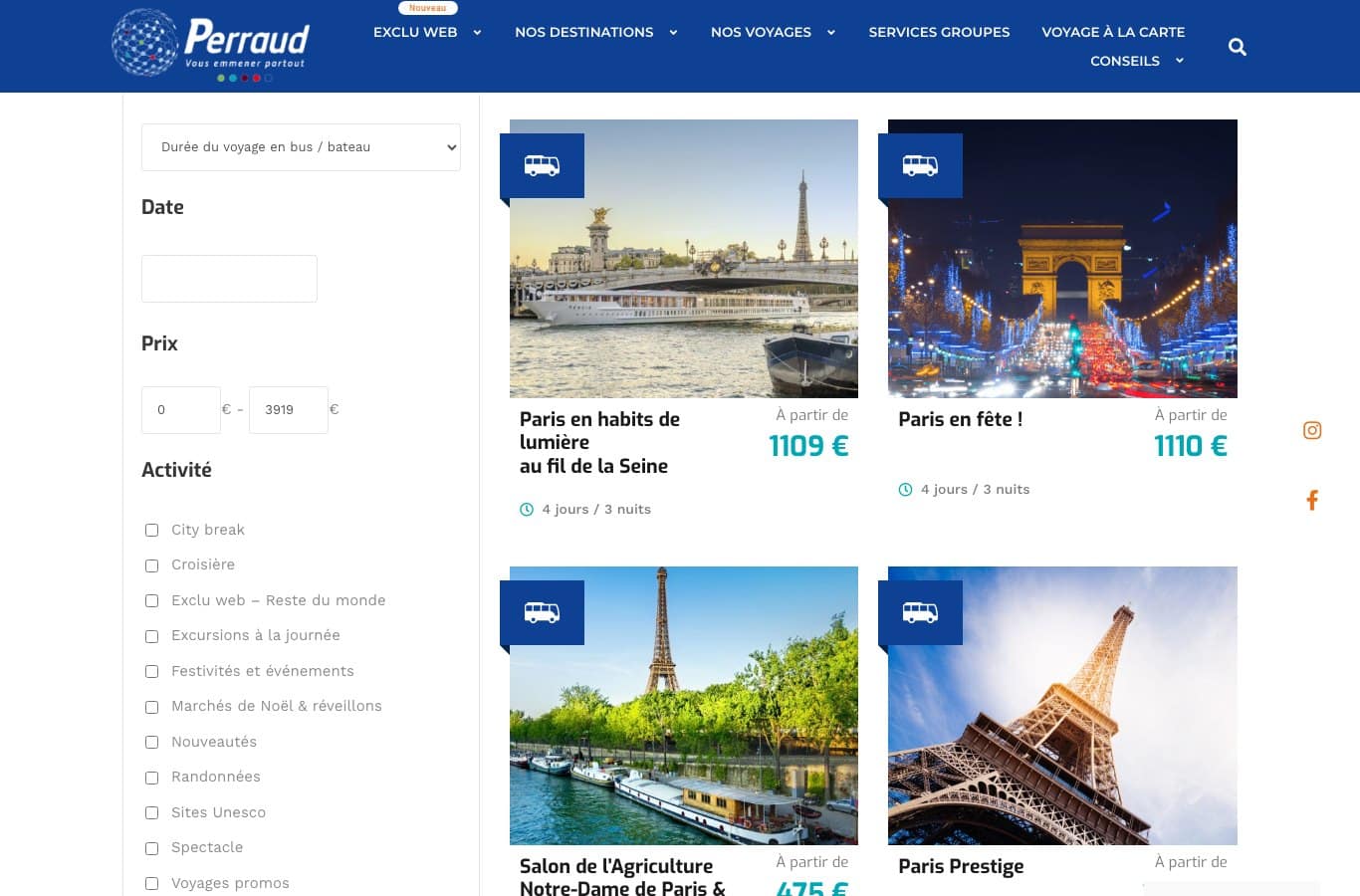 Capture d ecran des sejours Paris de Perraud Voyages avec leurs prix a partir de
