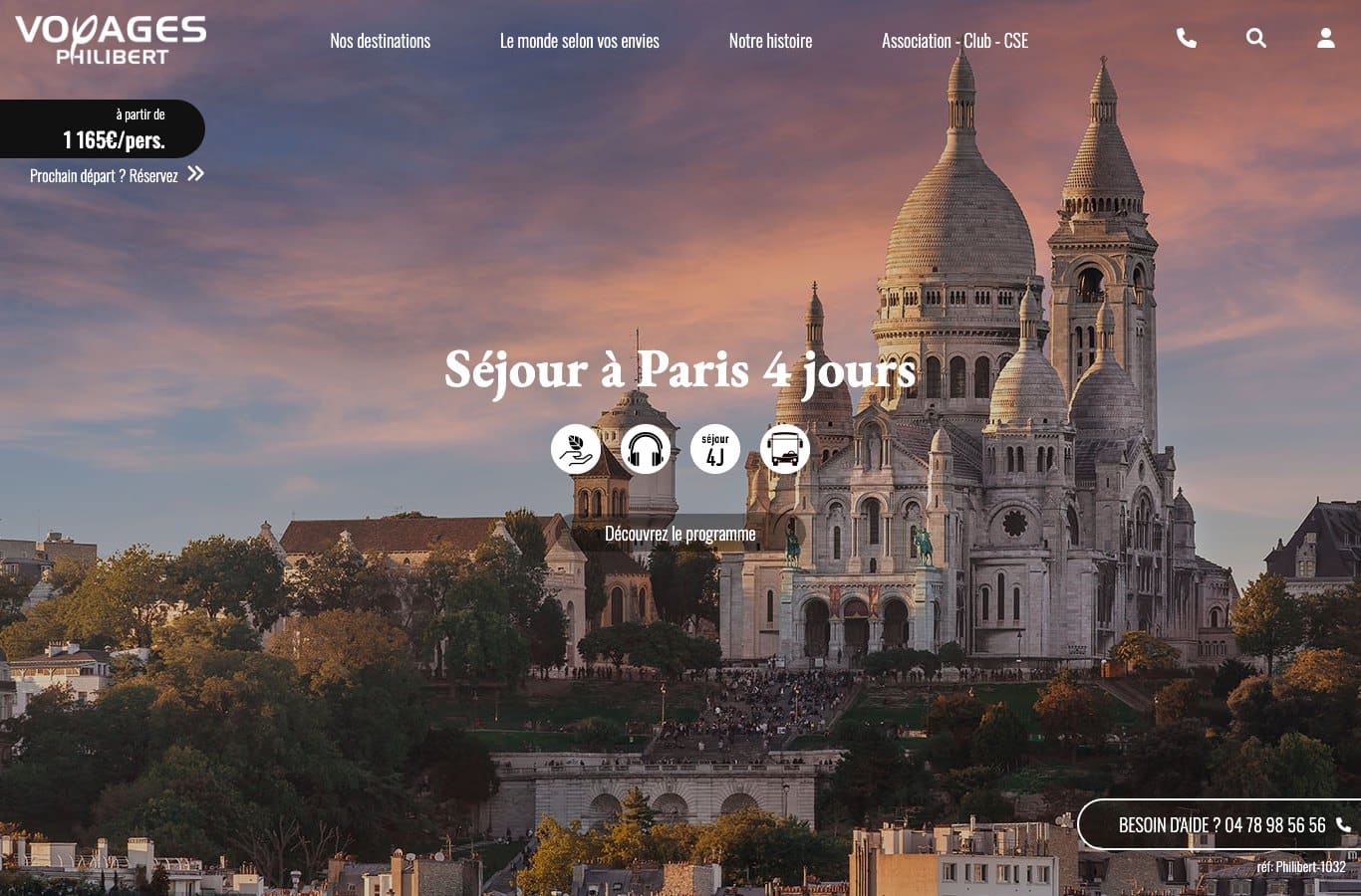 Capture d ecran de la page Sejour a Paris 4 jours de Voyages Philibert affichant 1165 euros par personne
