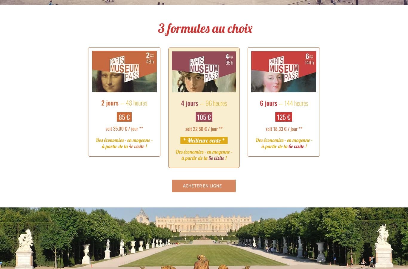 Capture d ecran des trois formules du Paris Museum Pass a 85, 105 et 125 euros