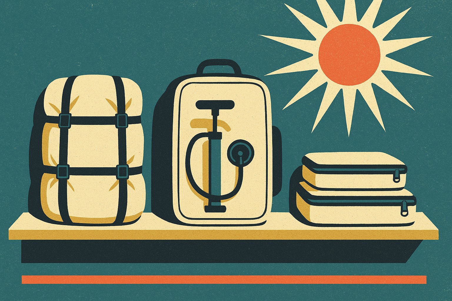 Illustration des trois familles de sacs de voyage à compression : sangles, pompe intégrée et pochettes zippées