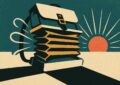 Illustration style affiche de voyage vintage : un sac a dos represente en soufflet d accordeon comprime, air chasse sur les cotes