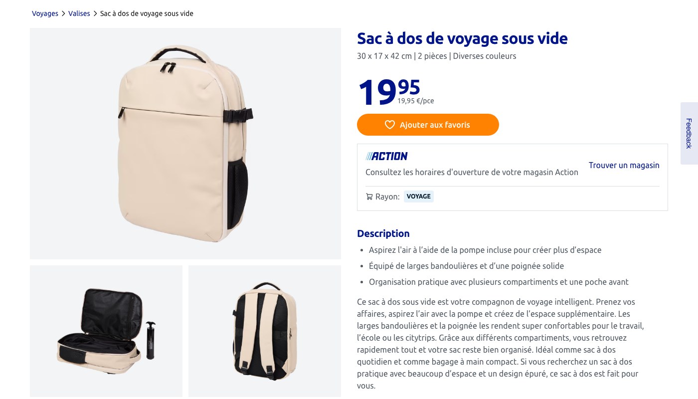 Capture de la fiche produit du sac à dos de voyage sous vide vendu par Action, avec ses dimensions et sa pompe manuelle