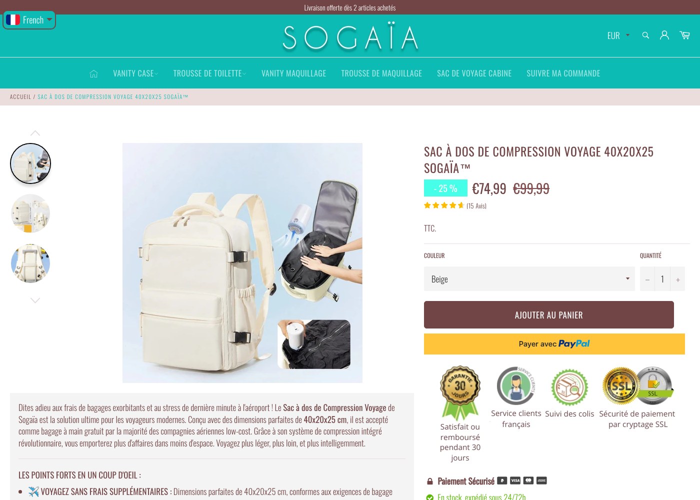 Capture de la fiche produit du sac à dos de compression 40x20x25 de Sogaïa, avec son prix et ses dimensions