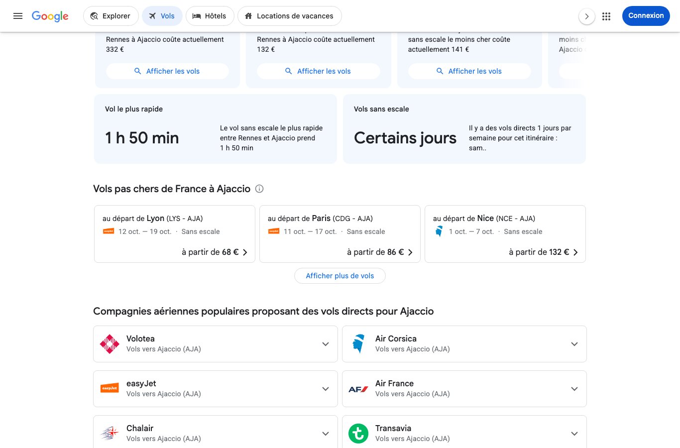 Capture Google Flights : vols pas chers vers Ajaccio, 68 euros depuis Lyon, 86 euros depuis Paris