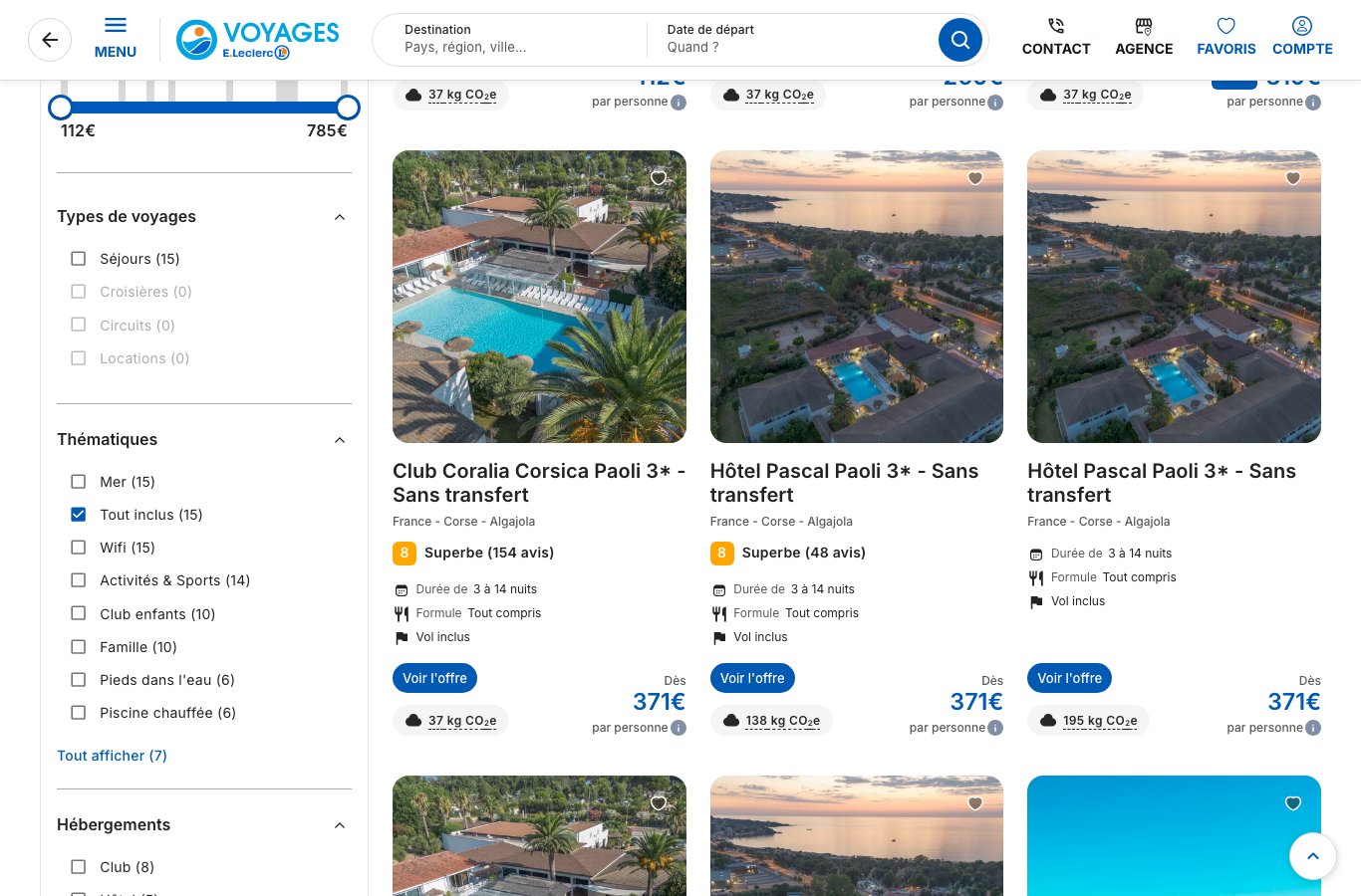 Capture du catalogue Leclerc Voyages voyage tout inclus en Corse : 15 offres, filtres, clubs Marmara et Coralia