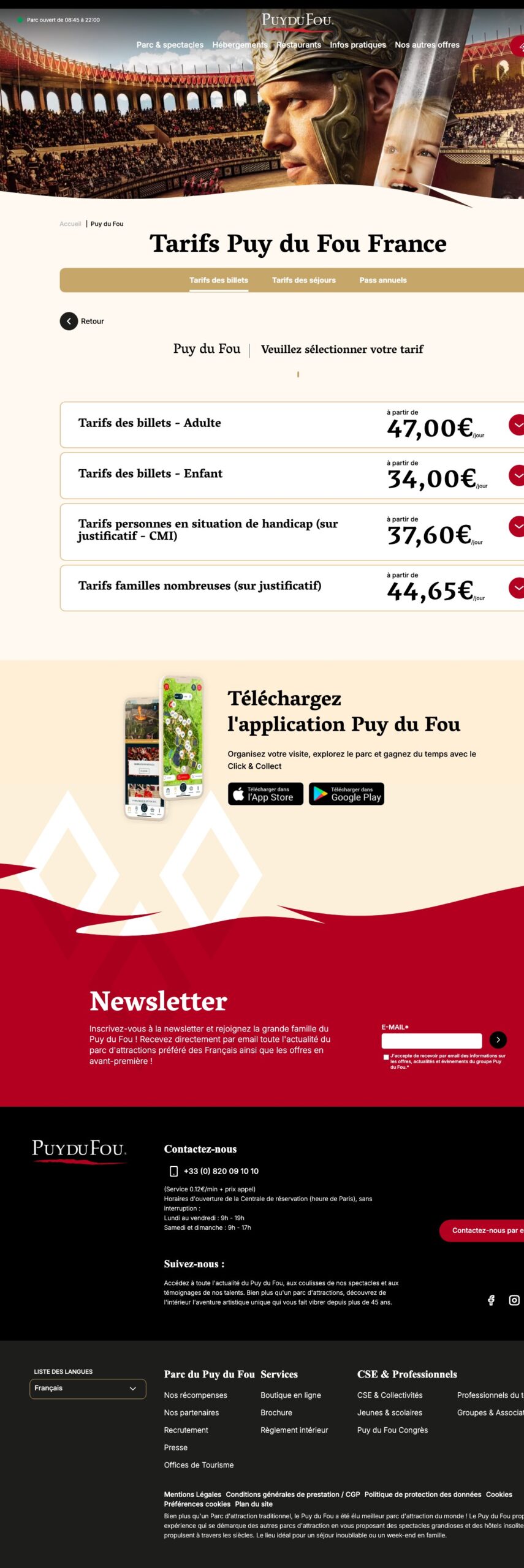 Grille des tarifs officiels 2026 du Puy du Fou sur puydufou.com