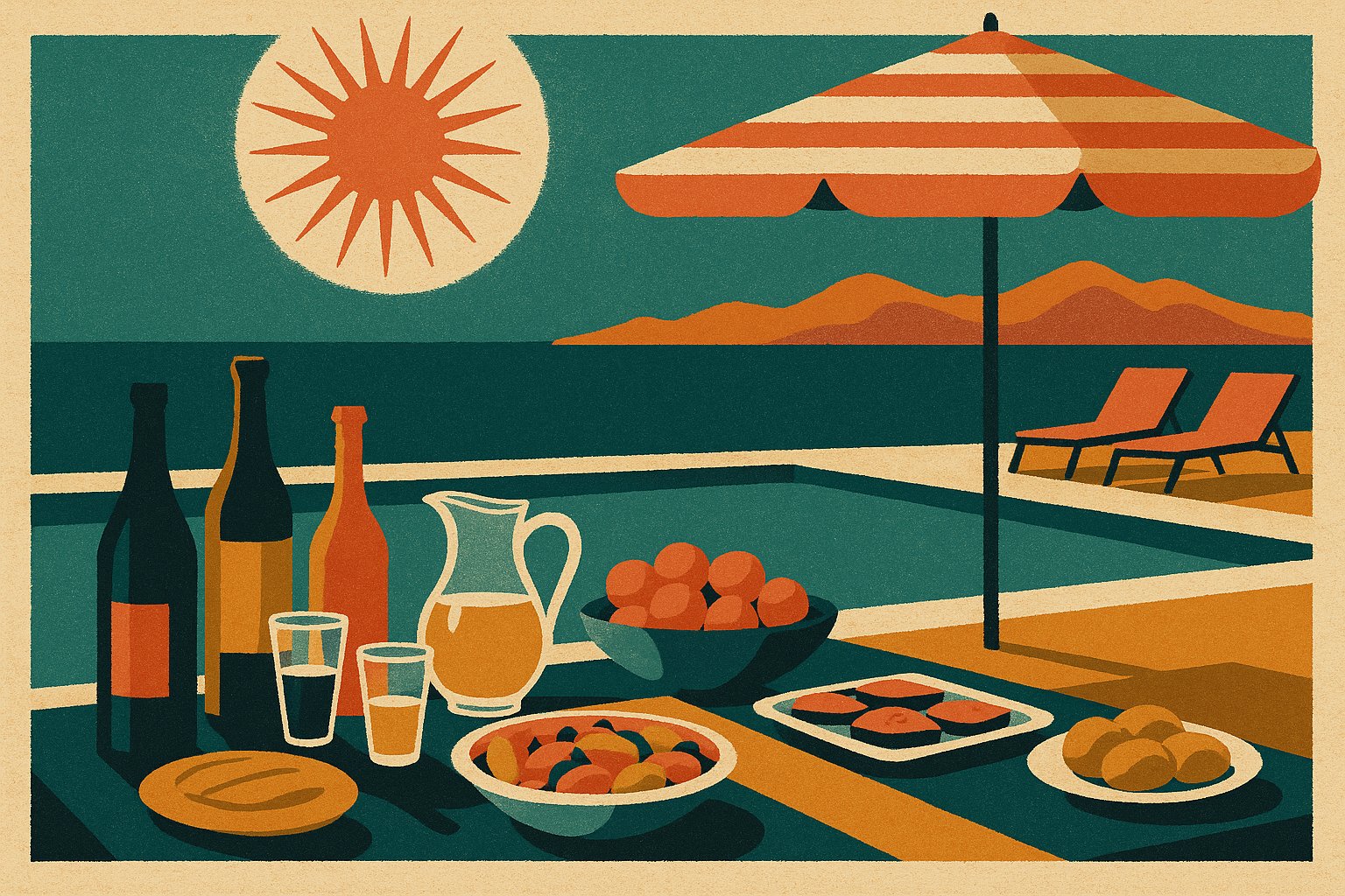 Illustration style affiche vintage 1950 d un buffet au bord d une piscine face a la mer corse