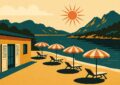 Illustration style affiche vintage 1950 d'un club de vacances les pieds dans l'eau dans une baie corse, parasols et montagnes
