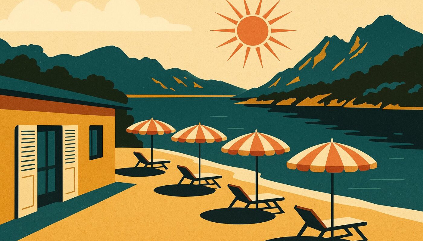 Illustration style affiche vintage 1950 d'un club de vacances les pieds dans l'eau dans une baie corse, parasols et montagnes